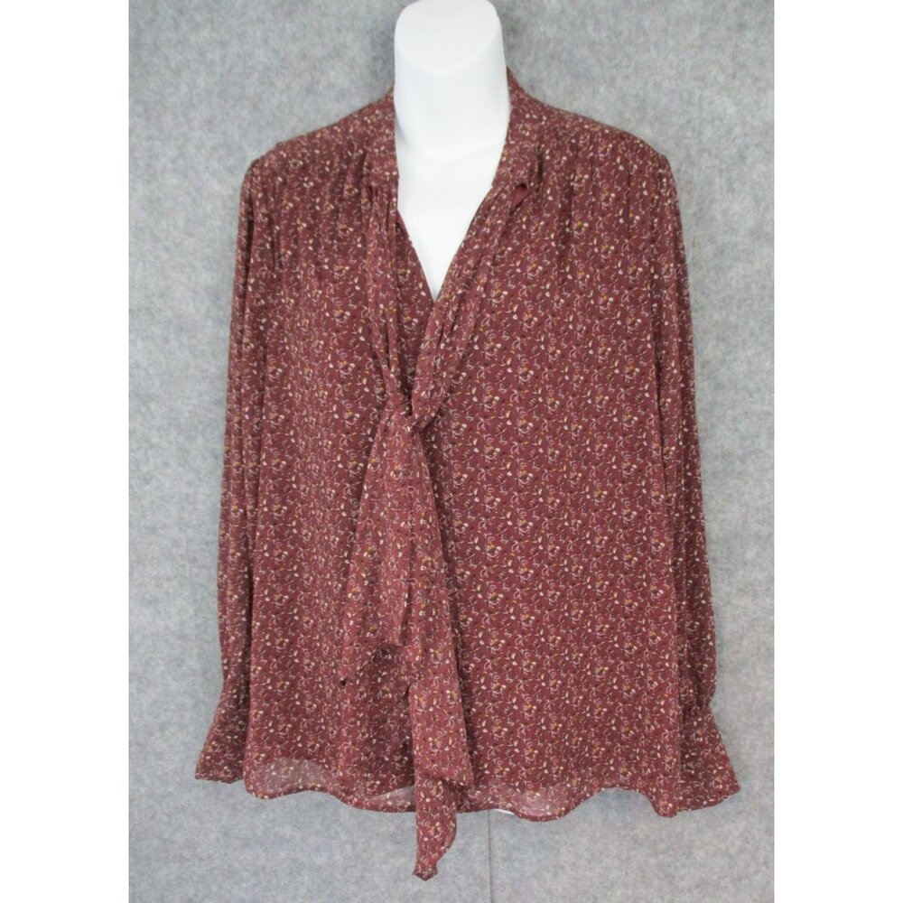 DR2 Floral Sheer Blouse Womens Size Large Burgundy Lined